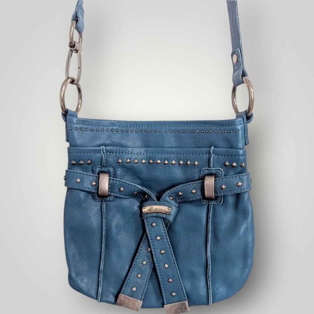 NWOT B. MAKOWSKY Teal Blue Pebbled Leather Crossbody Bag with Stud Accents